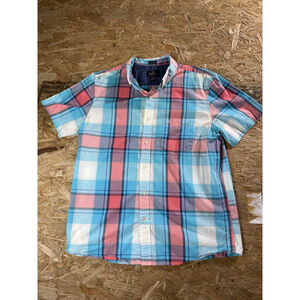 American Eagle Men's Sz L Short Sleeve Plaid Slim Fit Button Down Red White Blue